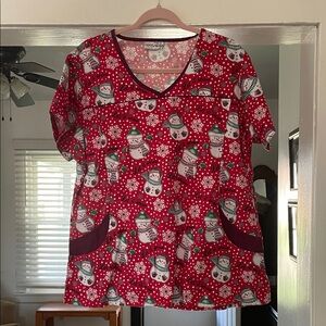 UA Scrubs Red Snowman Print Top